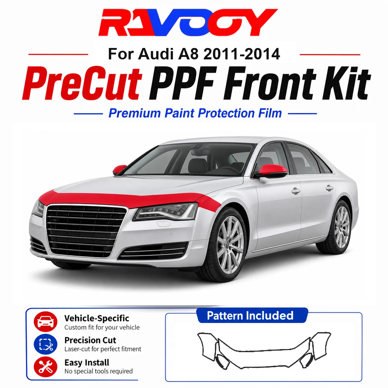 

8.5mil TPU Precut PPF Kit For Audi A8 2011-2014 - Hood, Partial Fenders & Full Mirror Set - Self-Healing Gloss Clear Bra Film