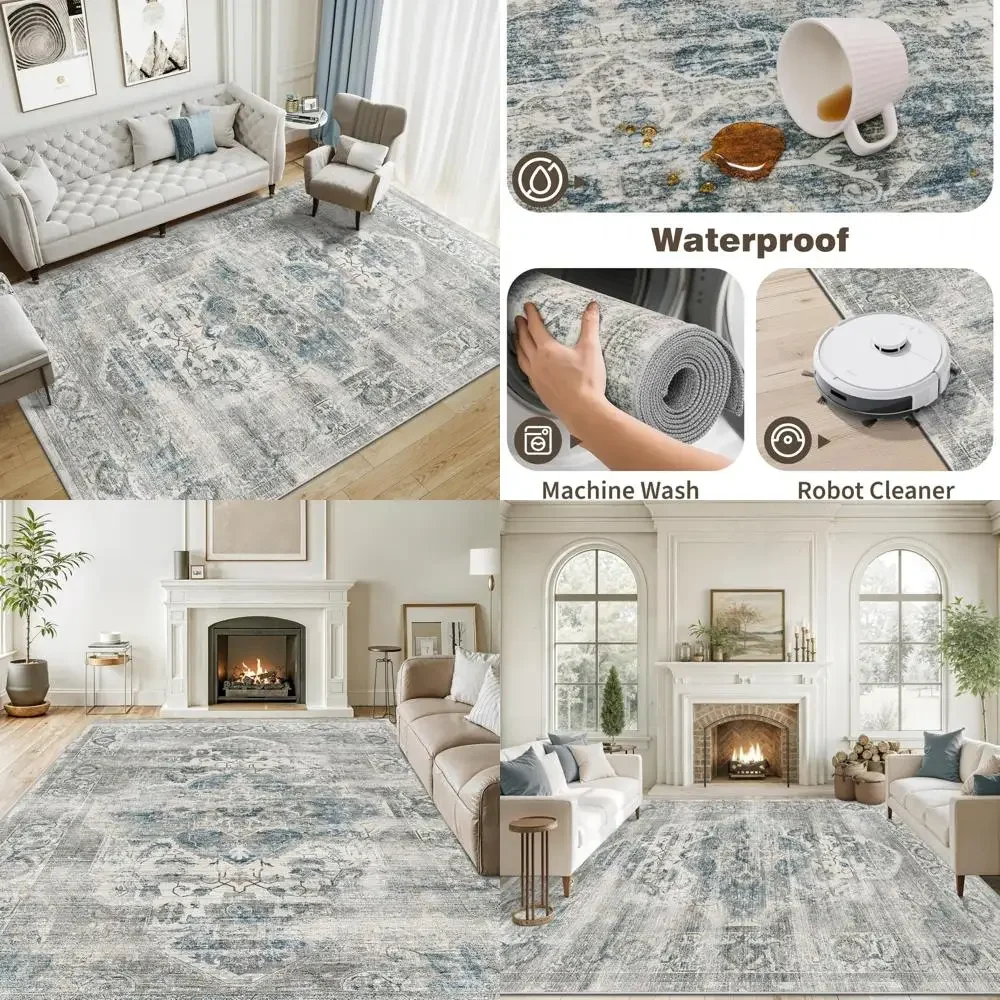 

Large Washable Low Pile Vintage-Style Non-Slip Area Rug, Stain Resistant for Living Room, Bedroom, Dining Area