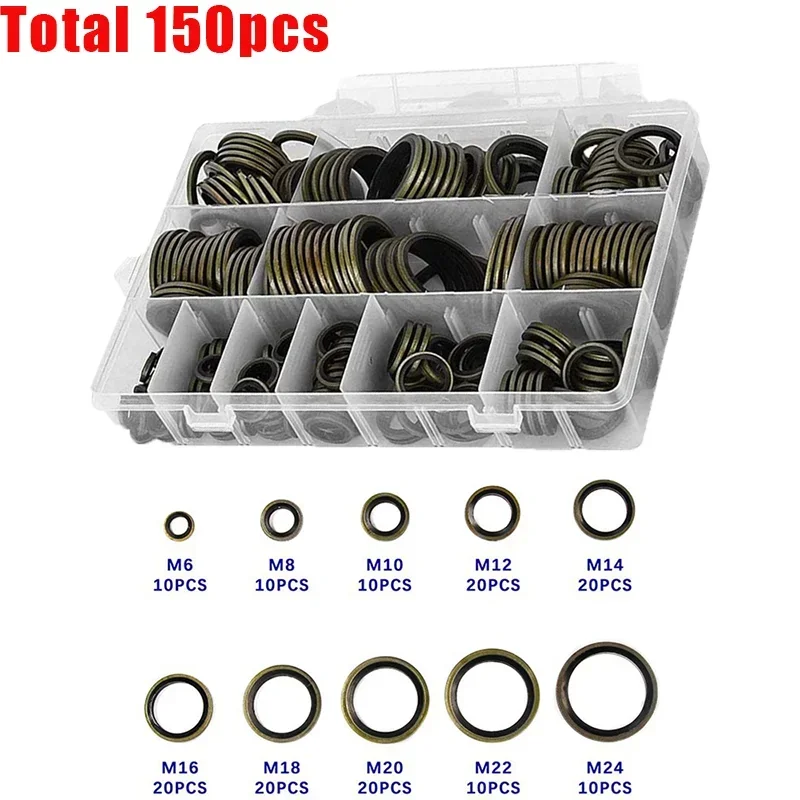 

150pcs Bonded Washer Metal Rubber Oil Drain Plug Gasket Fit M6 M8 M10 M12 M14 M16 M18 M20 M22 M24 Combined Washer Sealing Ring