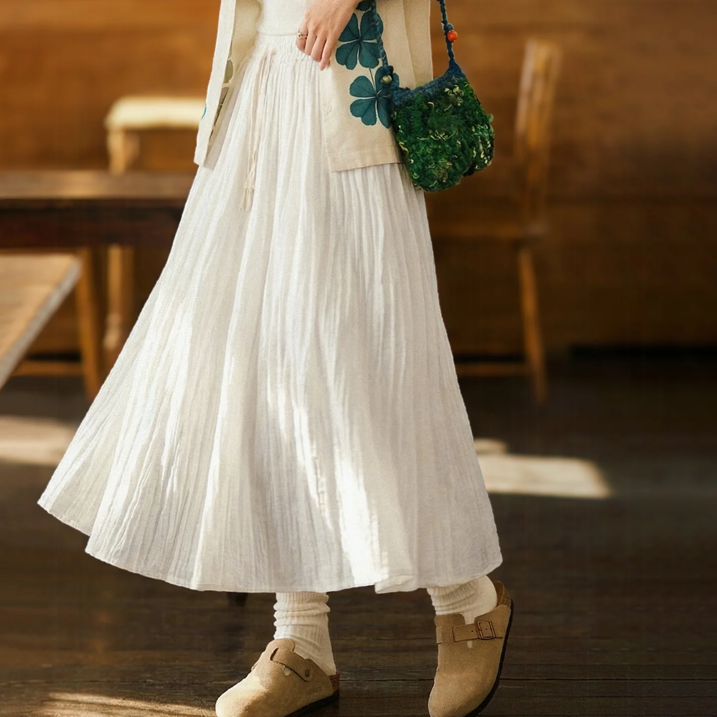 

Женская плиссированная юбка Maden с высокой талией, белая, А-силуэт, миди, струящаяся, текстурированная, с эластичным поясом, расклешенная, элегантная, повседневная, весна-лето