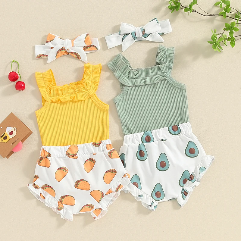 

Baby Girls Summer Outfit Sleeveless Romper + Taco/Avocado Print Shorts + Headband Set Newborn 3 Pieces Clothes Set for 0-18M