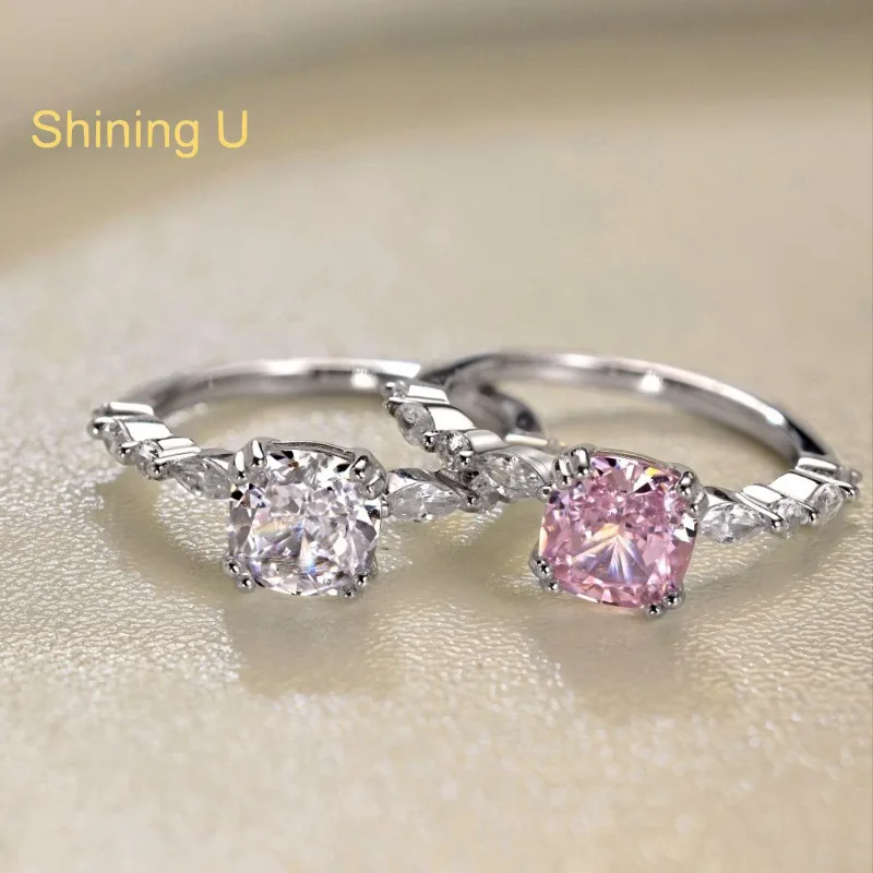 

Shining U S925 Silver High Carbon Diamond Pink Square Gems 7*7mm Ring for Women Fine Jewelry Anniversary
