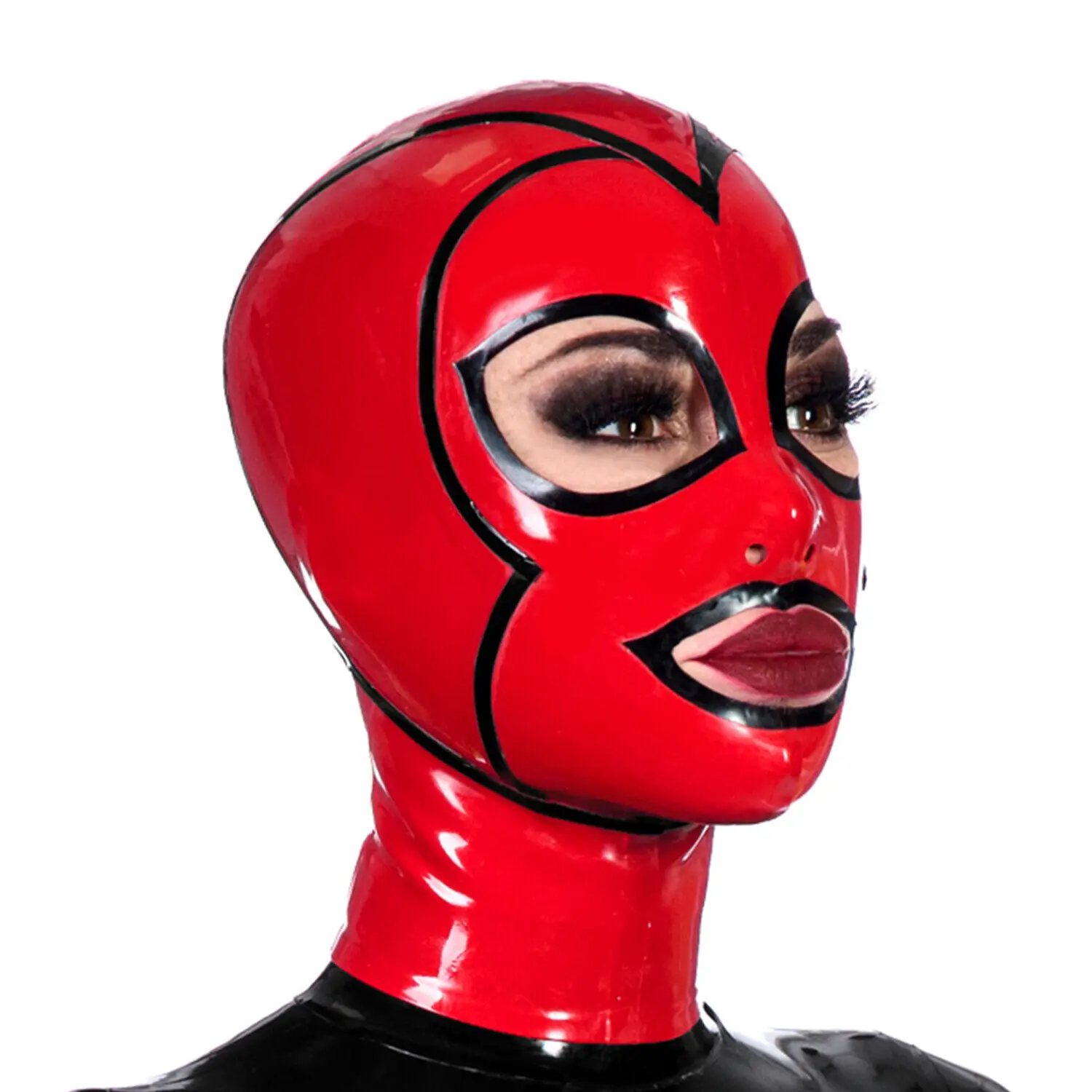 

Red Latex Mask with Black Rims, Open Eyes and Mouth, Rubber Mask