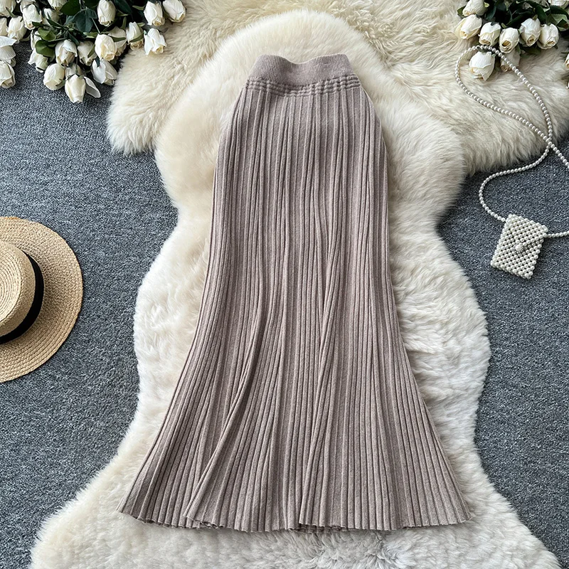 Women's Japan Style Skirts Knit Autumn Winter High Waist A-line Elastic Waist Slim-fitting Large-flare Casual Female Asian SK127