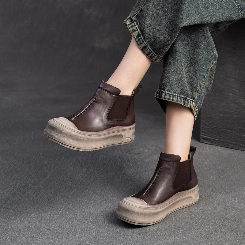 

Fashion Women Wedges Boots Autumn Winter Chunky Platform Genuine Cow Leather Handmade Retro Style Casual Ankle Boots