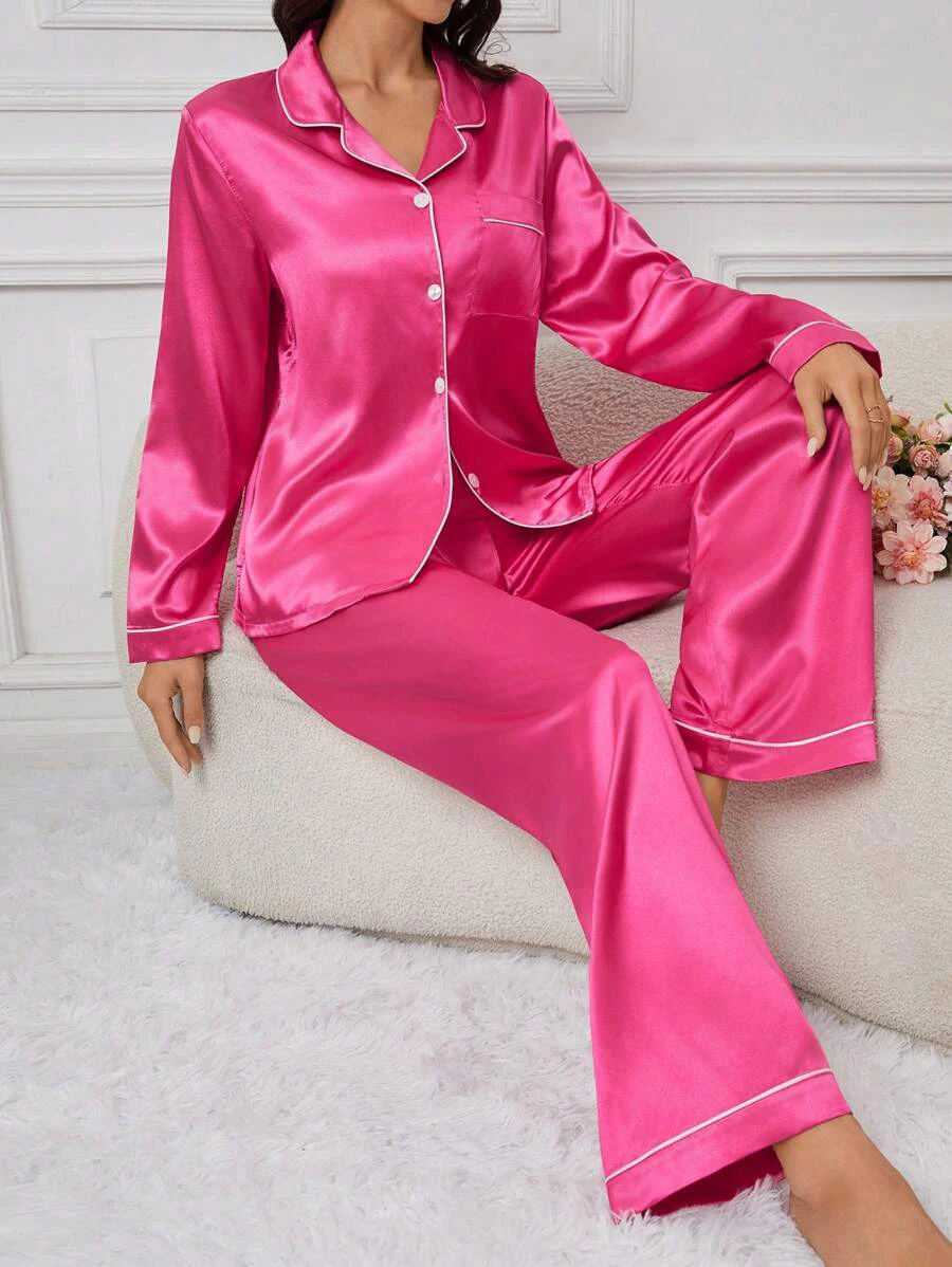 Women\'s Pajamas Autumn Luxurious Solid Satin Long Sleeve Pajama Set Elegant Lapel Collar Top & Long Pants Sleepwear & Loungewear