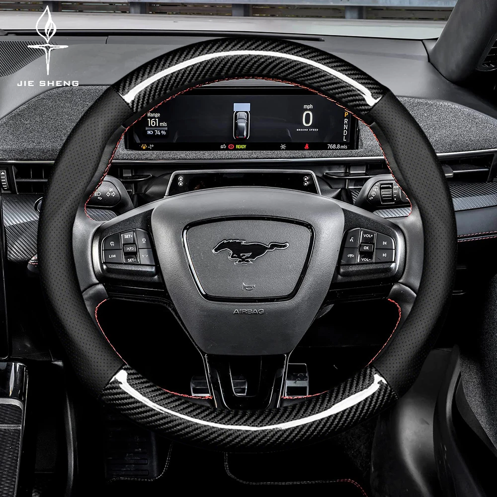 

Car Steering Wheel Cover For Ford Mustang EcoBoost GT V8 Dark Horse 2015-2024 Carbon Fiber Leather