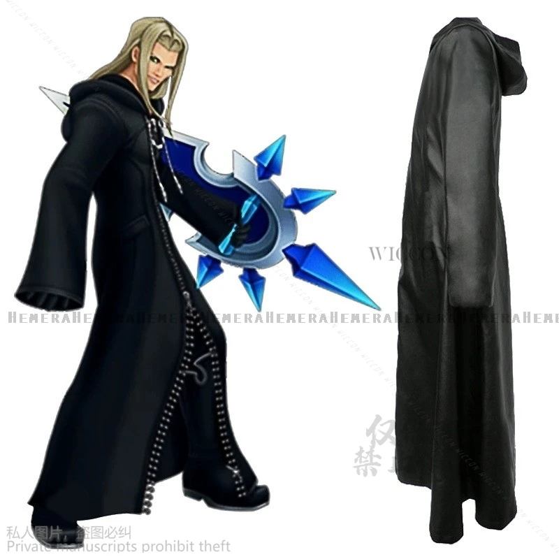 

Anime Mens Kingdom Game Roleplaying Hearts Organization XIII Game Cosplay Costume Black Cloak Zipper Jacket Long Hoodie Coat