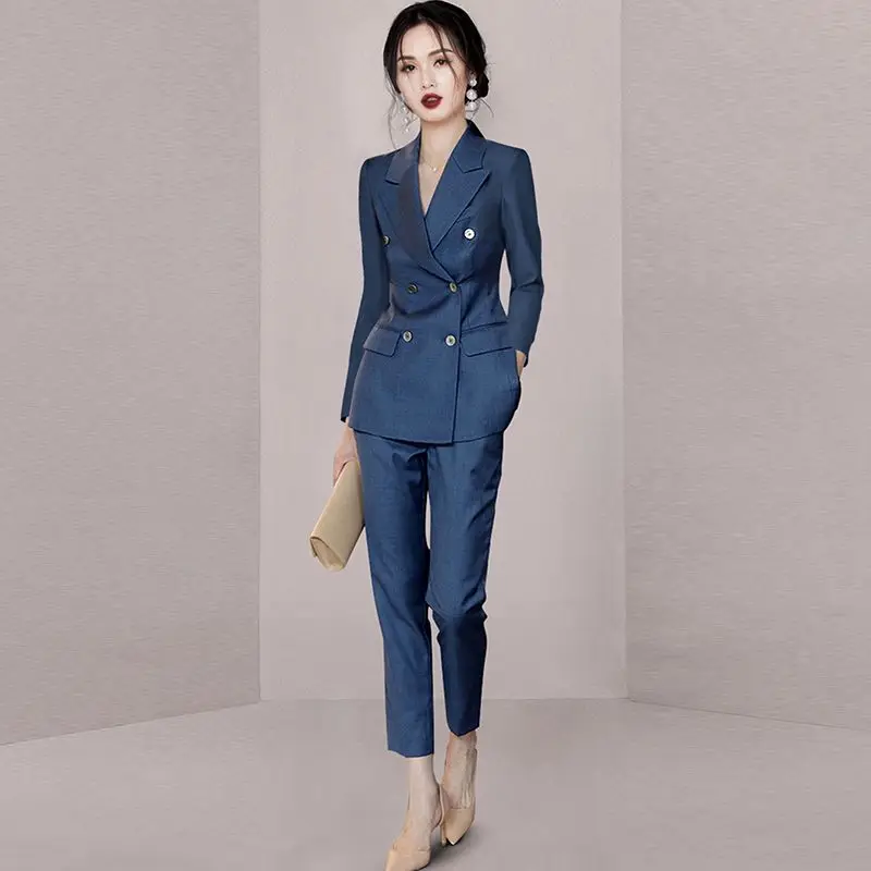 

Insozkdg High Quality Women Navy Blue Black Pant Suit Female Button Decoration Blazer + Trouser 2 Piece Set Office Ladies Work