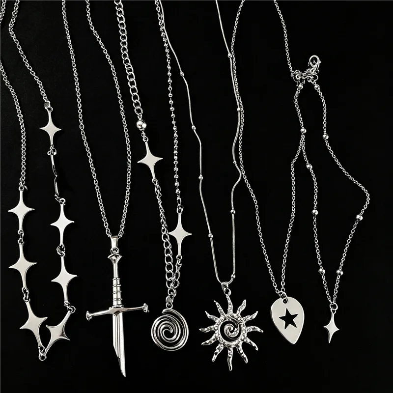 Punk Metal Vortex Star Cross Pendant Chain Beaded Necklace For Men Women Rock Hip Hop Street Vintage Grunge Jewelry Accessories