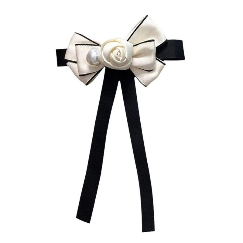 

652F Vintage Ribbon Bows Tie Brooch Pin for Women and Girls Camellia Pearls Uniform Pre Tied Bowknot Corsage Party Accessory