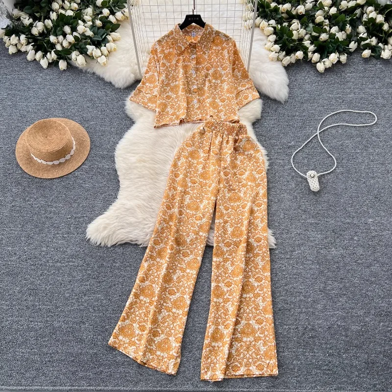 

Holiday Pants Suit Women New Fashion Loose Short Printed Shirt High Waist Slim Wide Leg Casual Pants Women Two Piece Sets Summer