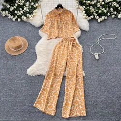 Holiday Pants Suit Women New Fashion Loose Short Printed Shirt High Waist Slim Wide Leg Casual Pants Women Two Piece Sets Summer