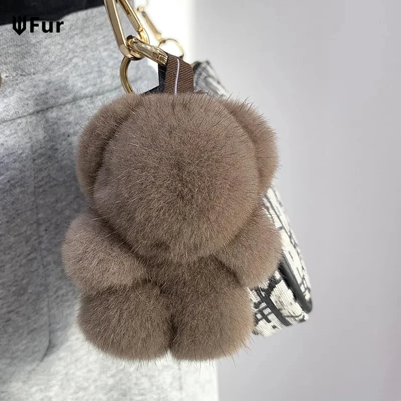 Cute Real Mink Fur Keychain Plush Panda Pendant Kids Toy Women Bag Charm Trinkets Car Metal Key Rings Rear View Mirror Ornaments