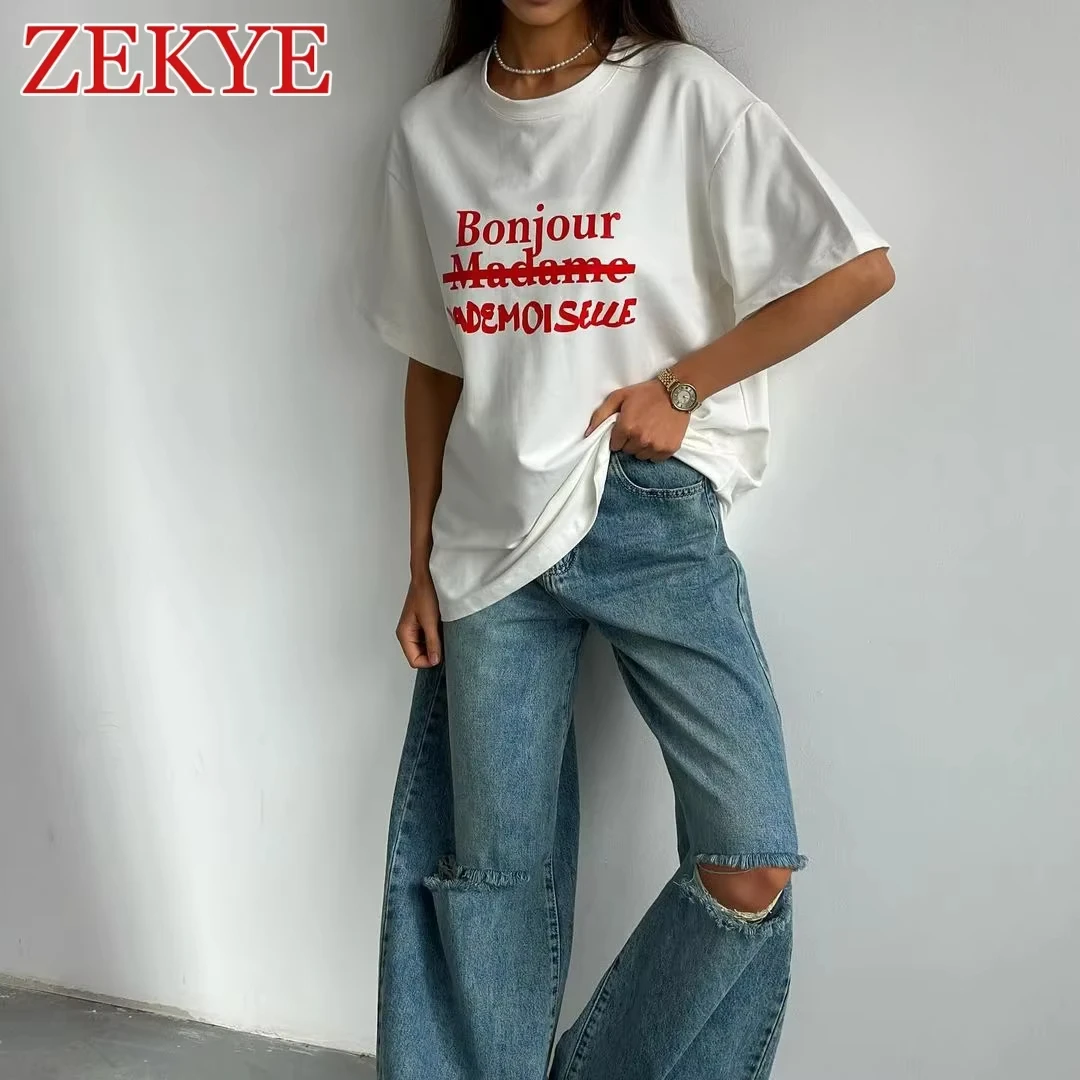 Zekye Simplicity Loose Summer White T Shirt Women Top Korean Style Basic Short Sleeve Round Neck T-shirt Casual Letter Printed