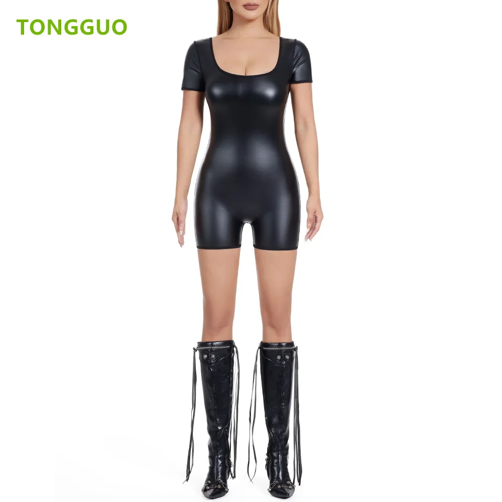 Women's One Piece Leather Shorts Bodysuits Outfits Sexy Shapers Short-sleeved Shirt Jumpsuits Rompers Playsuits Party Club Night