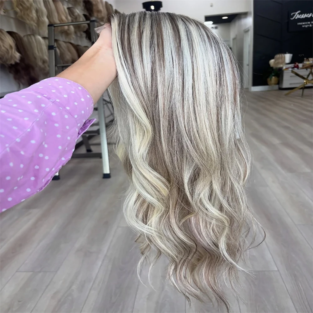 100 Echthaar-Perücke, aschblond, dunkle Wurzeln, gewellt, Highlight, brasilianische Perücken, 13 x 6, transparente Spitze, farbig, bereit zum Tragen