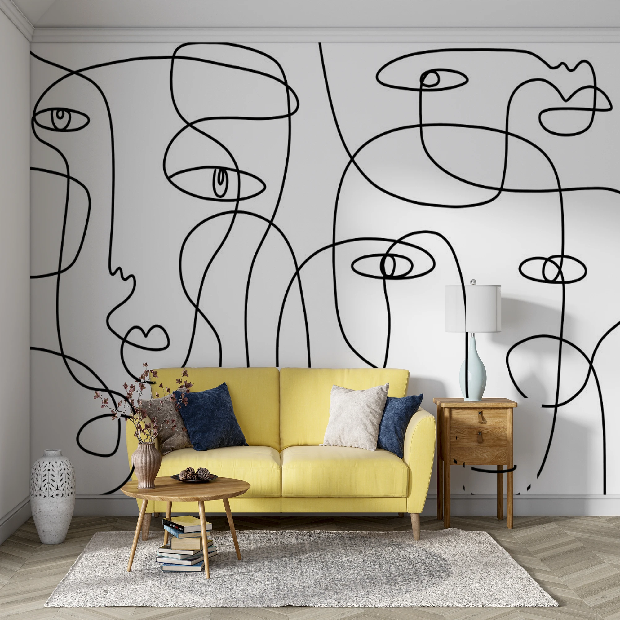 Minimalist Abstract Line Face Wallpaper Custom Self‑Adhesive Wall Mural Black White One Line Drawing Modern Wall Decor For Livin