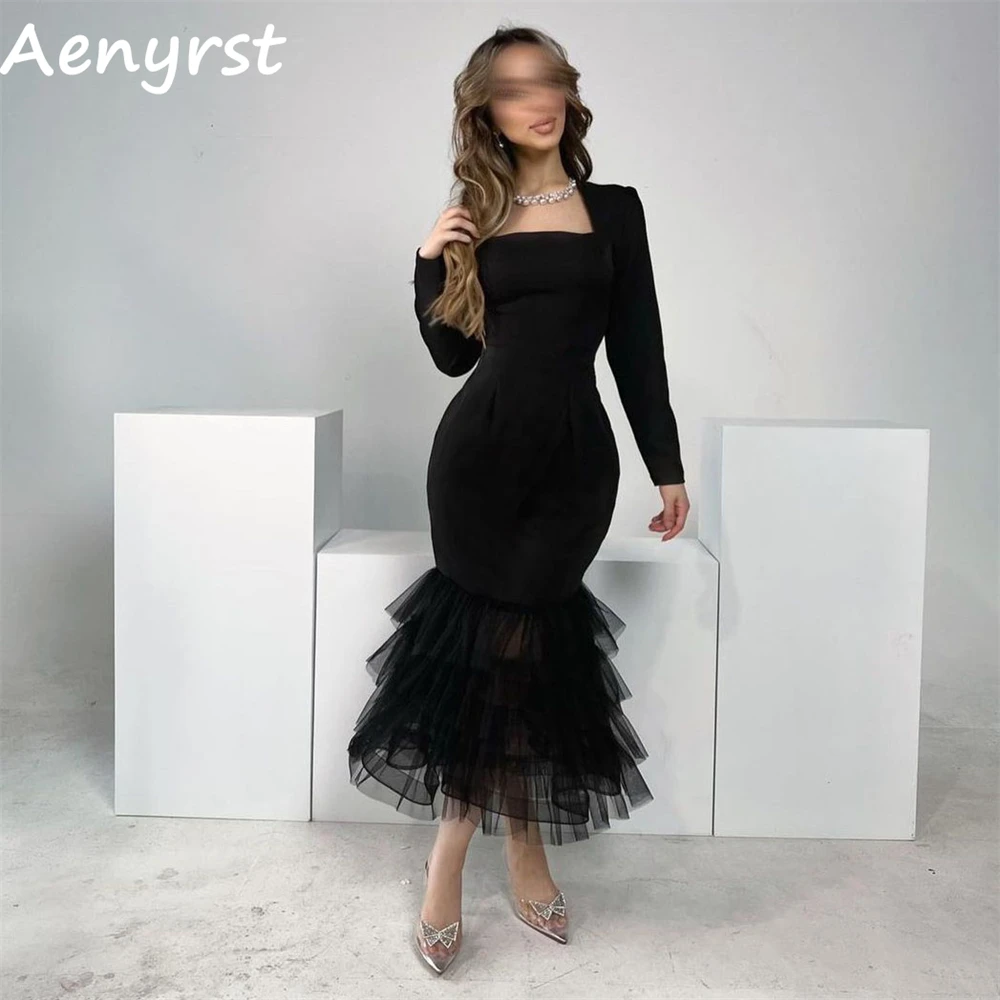 Aenyrst Simple Black Long Sleeves Prom Dresses Mermaid Tiered Square Collar Evening Gown Tea Length Formal Party Dress For Women