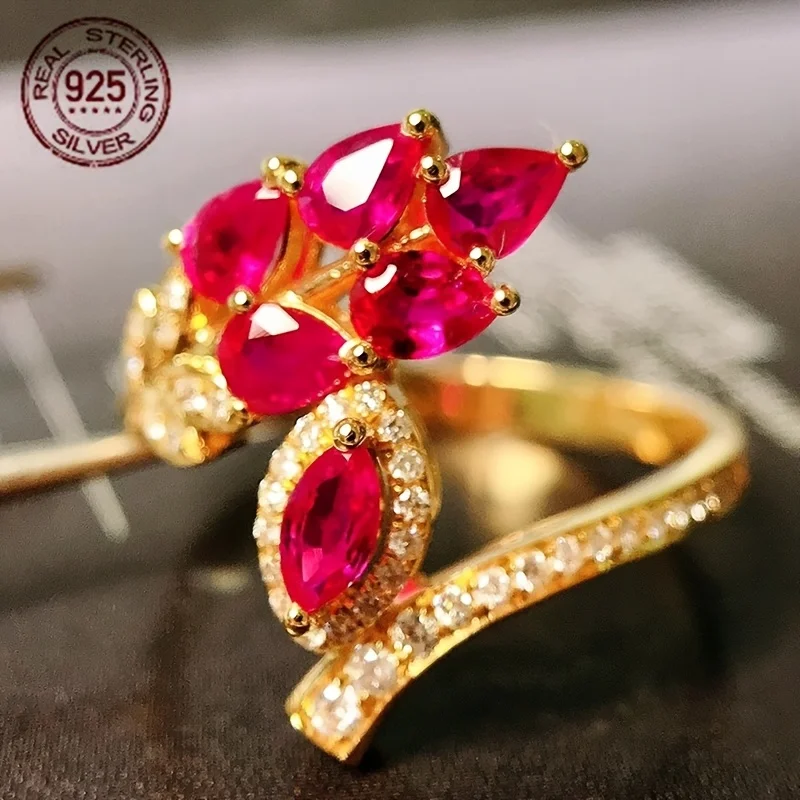 

Luxury Large Flower Ring 925 Silver Over Gold Plated Women's Party Ring Promise Engagement Rings Wedding Fashion Jewelry