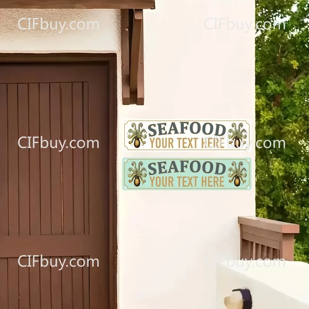 CIFbuy Customizable Vintage Beige Metal Plaque, Octopus Seafood Personalized Text Wall Decor for Cafe Restaurant Bar