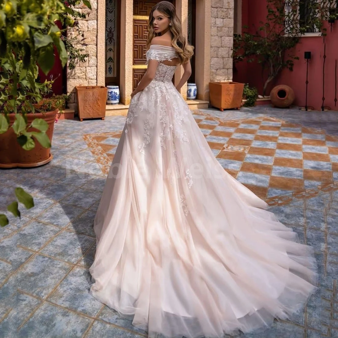 Elegant A-Line Tulle Wedding Dress with Stunning Blossom Applique and Brush Train for Brides Customized