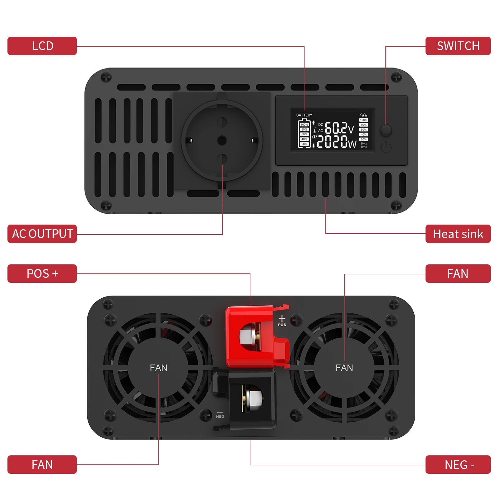 Imagem -02 - Inversor de Onda Senoidal Pure Datouboss Transformador de Potência Potência Contínua Inversor Multiplugs Série Ylrx dc para ac 220v 1000w a 2000w