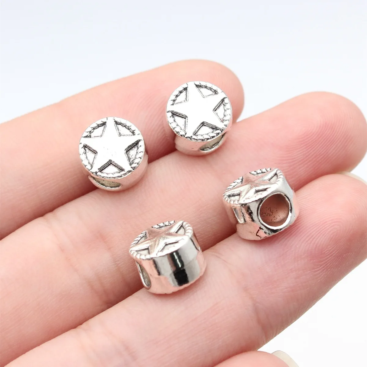 10pcs 10x10x7mm Antique Silver Color Double Sided Five-Pointed Star Pattern Round Large Hole Beads Alloy Jewelry Findings