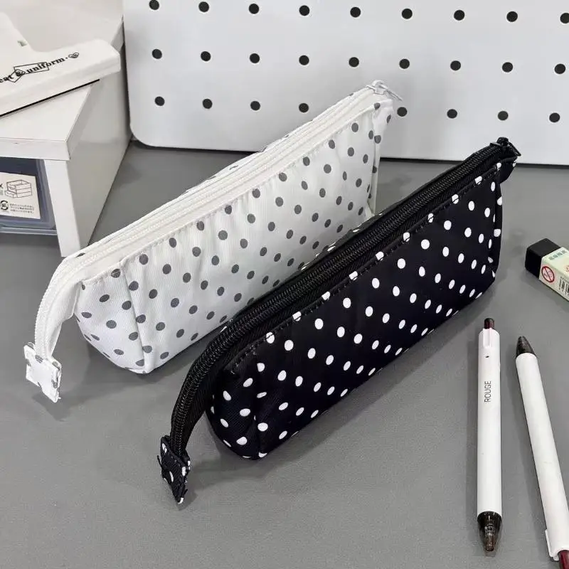 Stylish Polka Dot Large Capacity Zipper Pencil Pouch Perfect For School Office Stationery Storage Supplies Bag