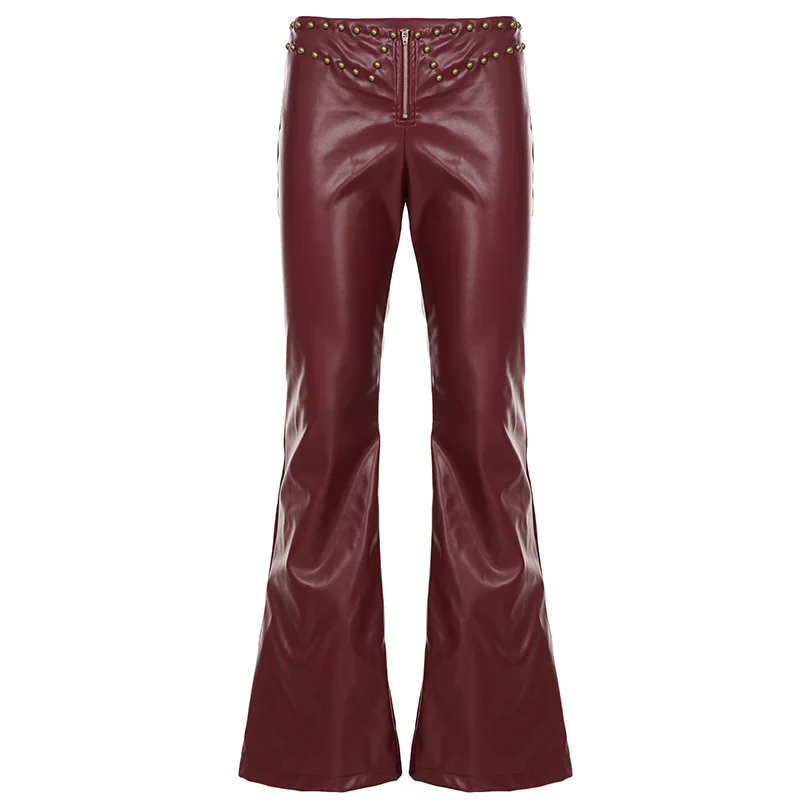 

Autumn New 2025 Sexy Rivet Low Waist Red Pu Leather Pants Female Spice Girl Trousers Women