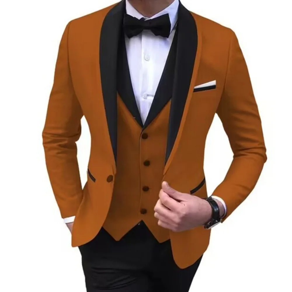 Conjunto masculino casual slim fit smoking de 3 peças – terno formal de negócios de cor sólida com lapela xale blazer de um botão colete calças