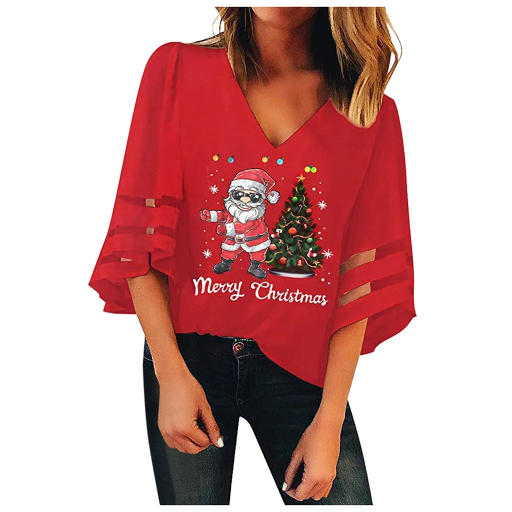 Women's V Neck Mesh T-Shirts Top Trumpet Sleeves Loose Christmas Top Blouse Santa Printing Autumn Women's Clothing Mujer Clothes