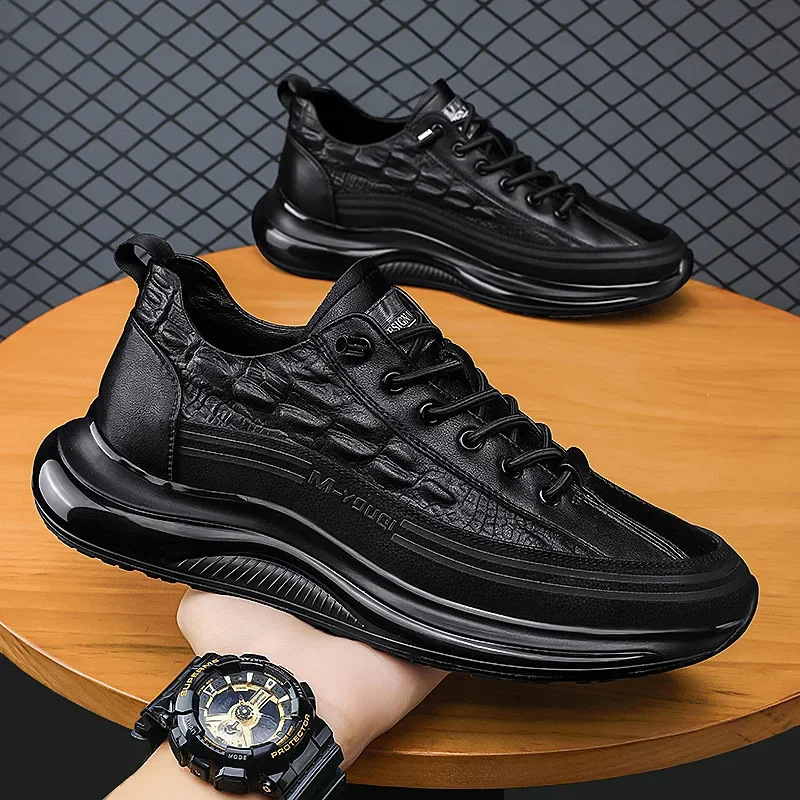 Mens Retro Leather Shoes Genuine Leather Casual Sneakers Alligator Pattern Casual Shoes Platform Shoes for Men Zapatos De Hombre