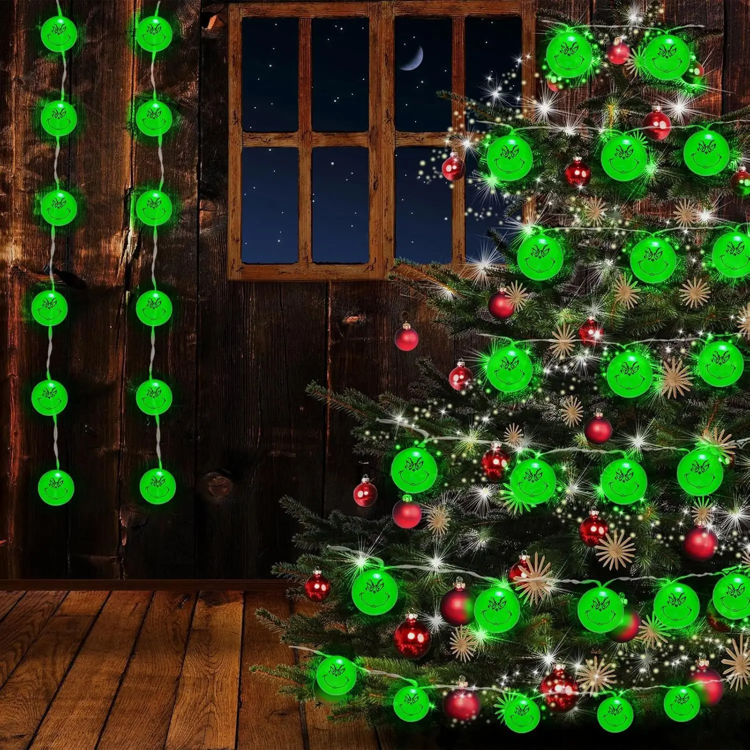 Decoración del día de Halloween, cadena de luces para fiesta, divertidas bolas verdes LEDGrinch, luces colgantes, lámparas de decoración de árbol de Navidad DIY para vacaciones