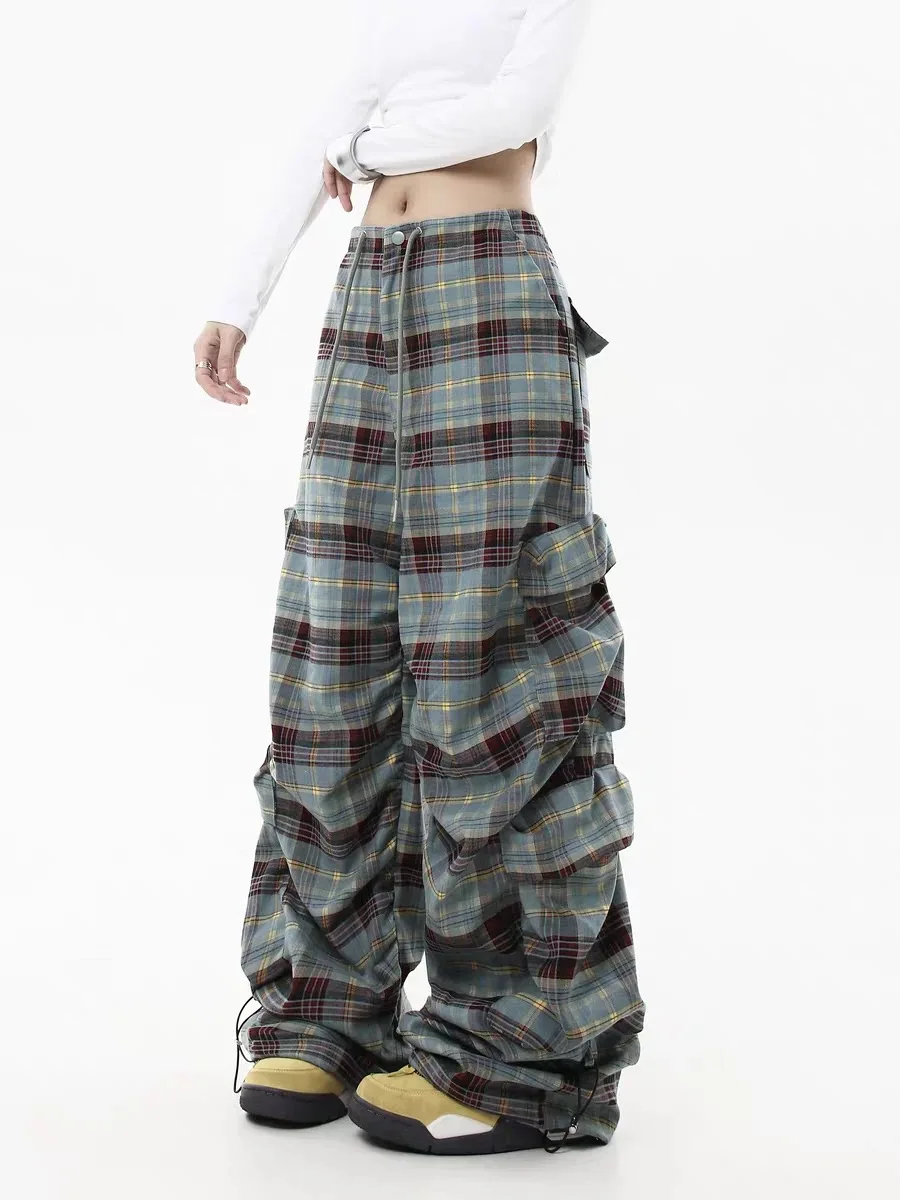 2024 Dames y 2k Streetwear Mode Trending Baggy Cargo Plaid gestapelde broek Koreaanse stijl nieuwe herfst kleding Harajuku mode