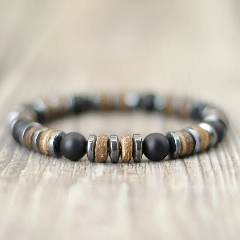 New Vintage Men Bracelet Stone Natural Wooden Braclet Homme Hematite Tiger Eyes Braslet Coconut Bead Brazalete Pulsera Hombre