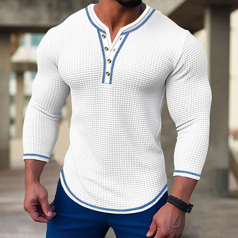 

2023 Autumn New Long Sleeve Henry Collar Waffle Contrasting Color Muscle T-shirt Men's Fashion Simple Washed Loose Casual Tops