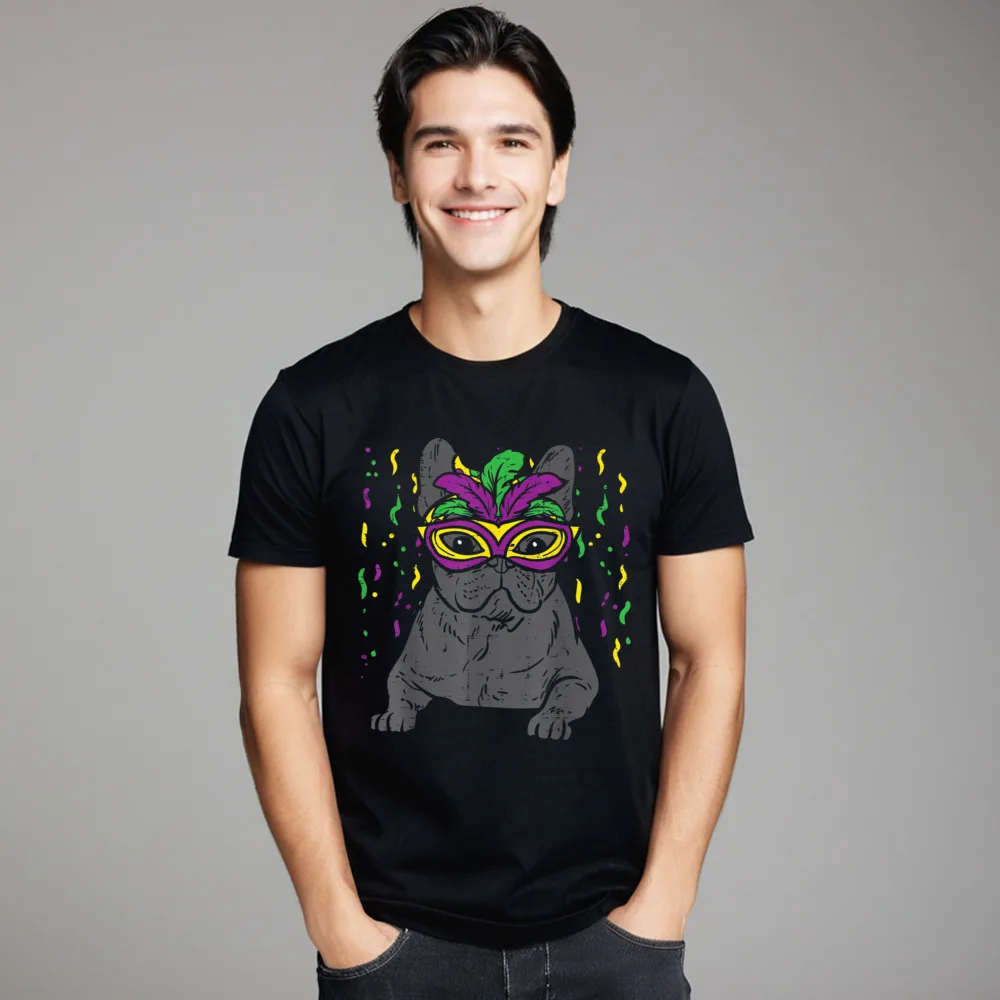 T-shirt de Mardi Gras para homens, tops familiares fofos, gola redonda, tecido 100% algodão, camisetas funky bulldog, presente de ano novo