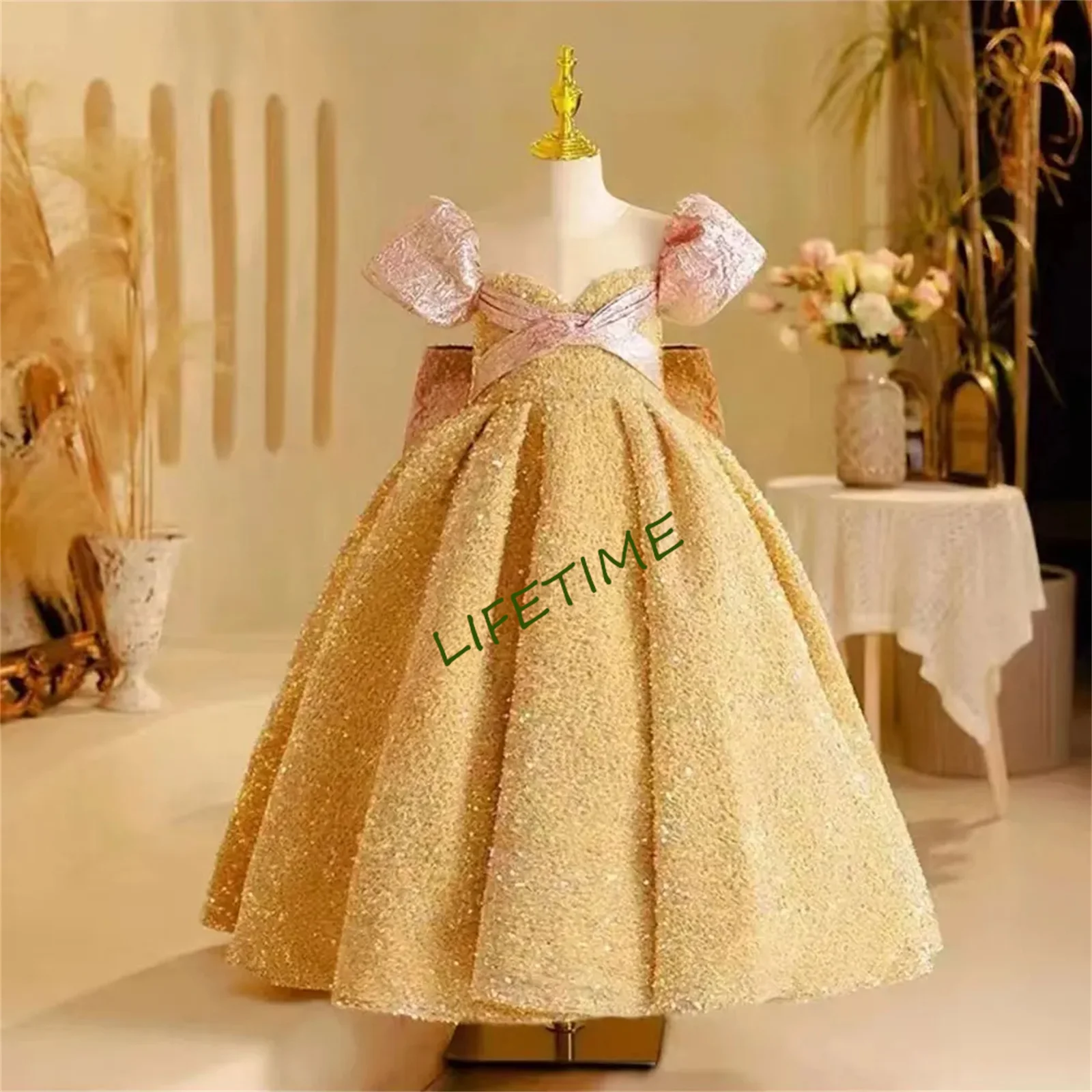 CustomizedSparkly Arabic Gold Girl Dress with Bow Dubai Kids Princess Birthday Wedding Party First Communion Ball Gown