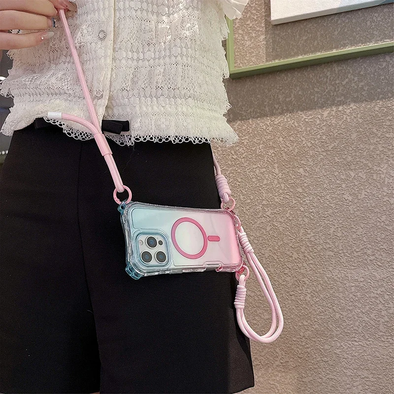 XMN Gradient Color CrossBody Chain Case For iPhone17Air 17 promax 16 16E 15 14 13 12Magsafe Wireless Charge Magnetic Cover