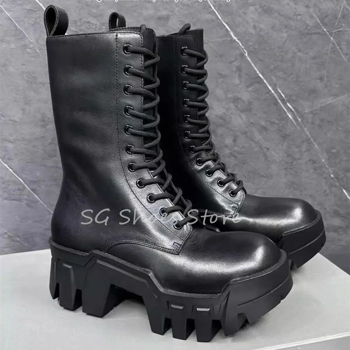 Punk Style Black Women Motorcycle Boots Round Toe Chunky Bottom Height Increasing Mid-Calf Boots Ladies Lace-Up Short Boots