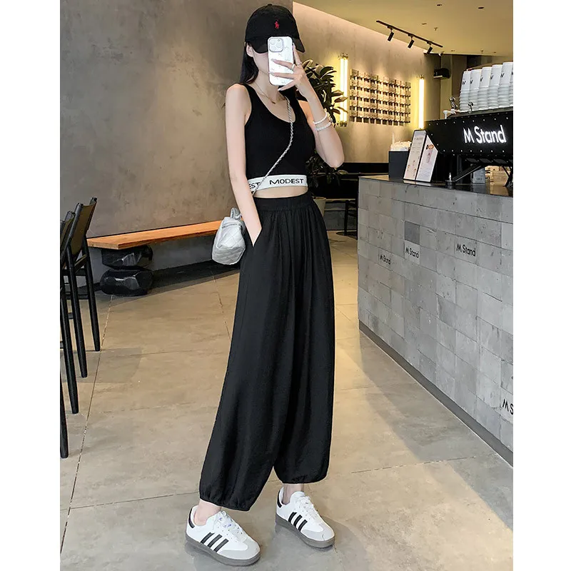 Spring Summer Thin Ice Silk Loose Slimming Nine Points Harlan Pants Lantern Pants Spor Casual High Waist Trousers Commuting 2025