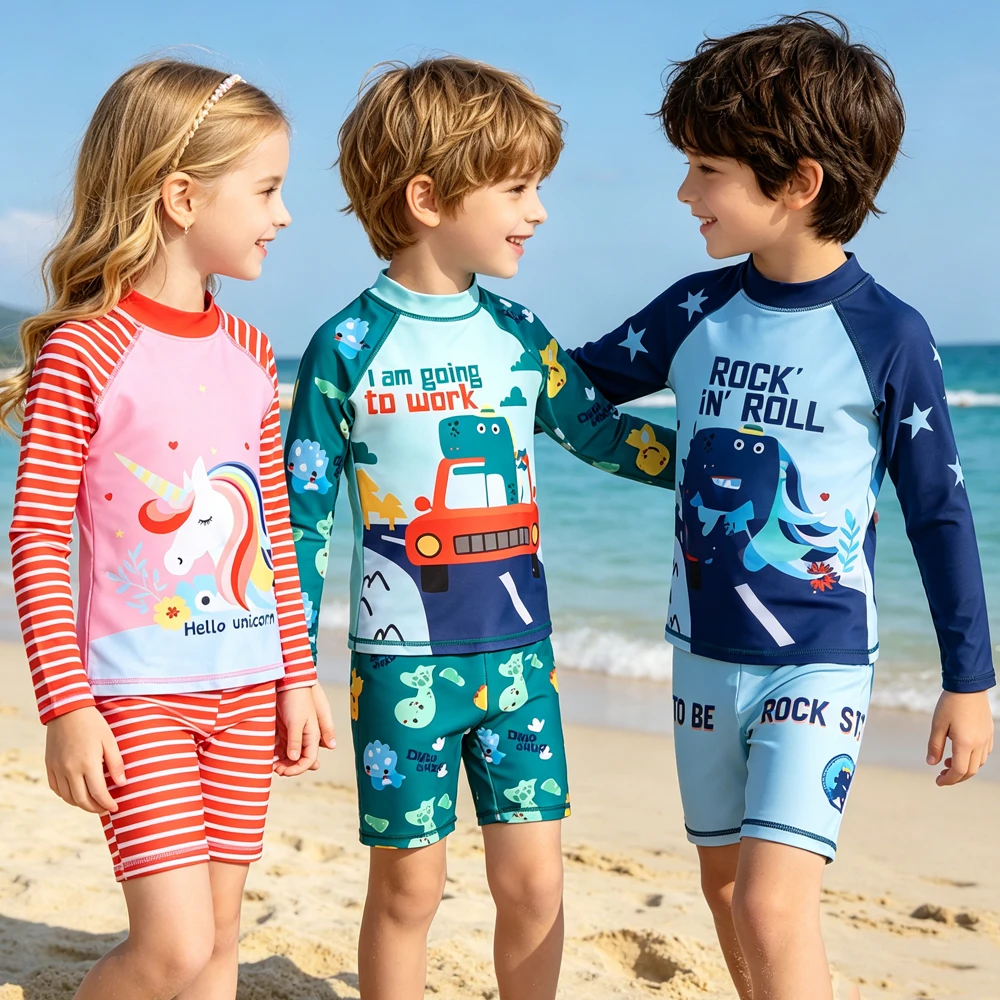 

2 to 11 Years Kids Girl Swimwear Suits Pink Red Unicorn Swimsuits Long Sleeve Child Boy Swim Outfits Shirt Shorts Beachwear Set
