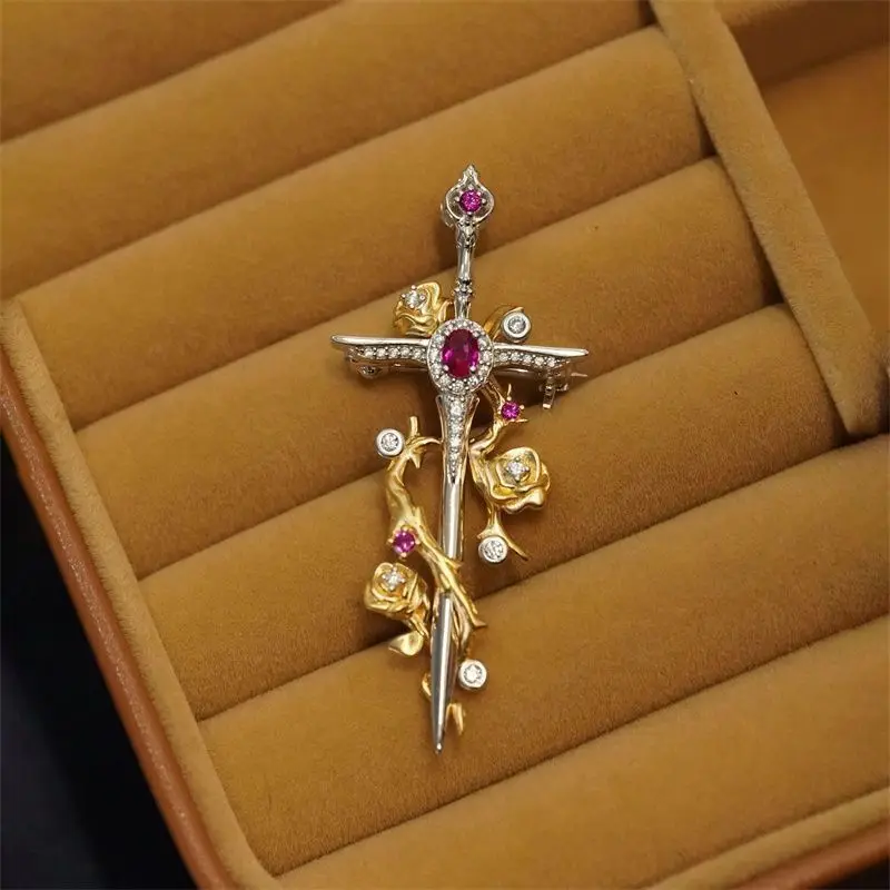 Vintage Sword of Thorns and Roses Brooch Pendant Dual-purpose Retro Cross Niche Red Stone Flower Badge Pins Jewelry Gifts Deluxe