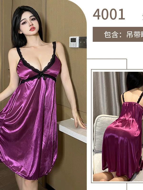 Sexy Pajamas V Neck Pure Desire Style Camisole Nightgown, Lace Thin Summer Silk Nightgown Dress Elegant Sweet Korean Women ULF7