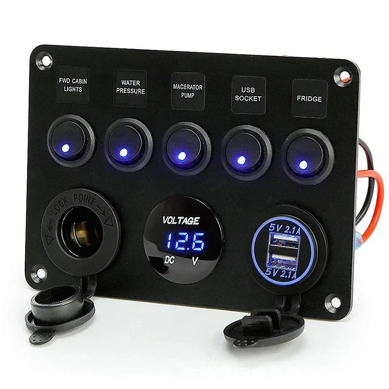 5 Gang Boat Rocker Switch Panel Circuit Breakers Waterproof Digital Voltmeter 12V USB Charger Power Outlet Socket for Truck RV