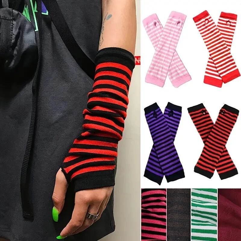 

Punk Knitted Long Fingerless Gloves Arm Cover Striped Knitted Wrist Sleeves Arm Warmer Sleeve Elbow Mittens Women Christmas Gift