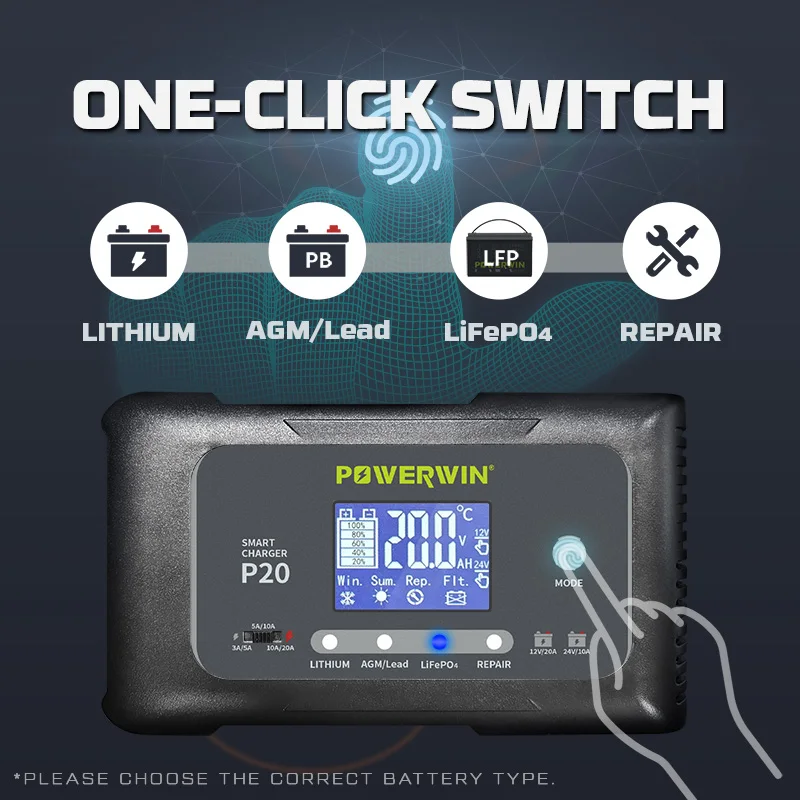 

POWERWIN P20 LCD Automatic Battery Smart Charger 20A 12V20A 24V10A For LiFePO4 AGM Lead-Acid Lithium Pulse Repair BT100 BT200