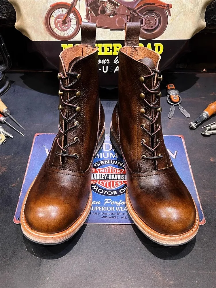 Genuine Leather Handmade Motorcycle Short Boots Mens Red Wine Lace Up Round Toe Vintage High Top Shoes Autumn Equestrian Boots