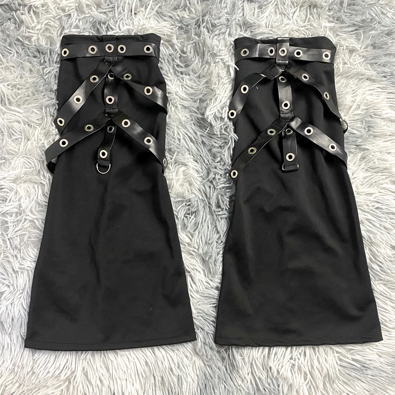 Gothic Sock For Women PU Strap Solid Black Punk Leg Warmers Casual Harajuku Foot Cover Street Leggings 2025 Spring Summer
